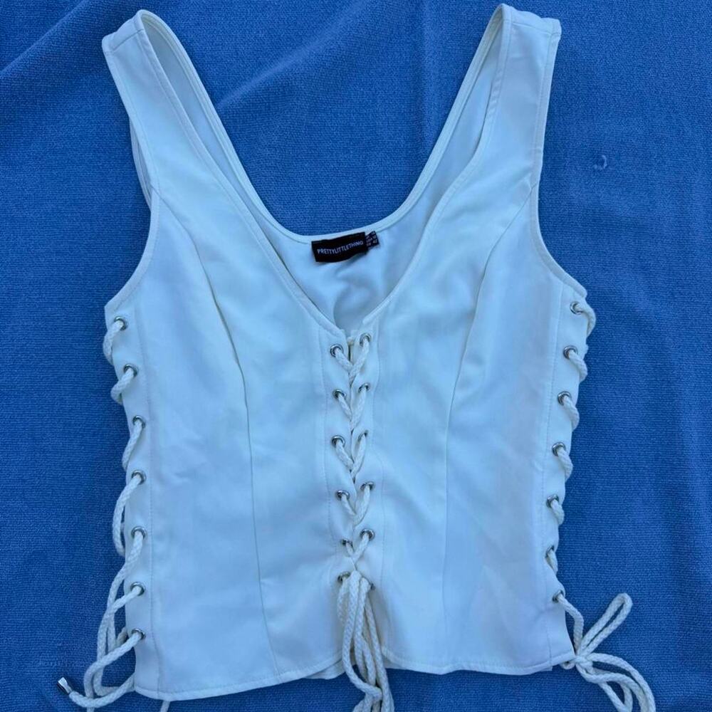 Prettylittlething white lace up corset style